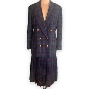 Vintage JHCollectibles Skirt Suit Double Breasted Blazer Wool Green Red Plaid